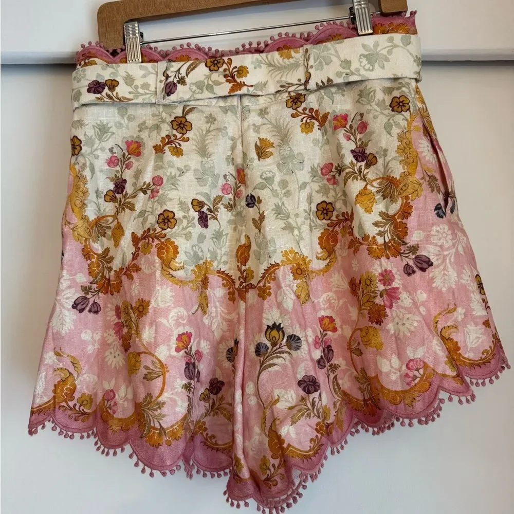 Zimmermann Laurel Pink White Linen Scalloped Floral Shorts Belt Size AU 3 US 10 - Picture 4 of 11